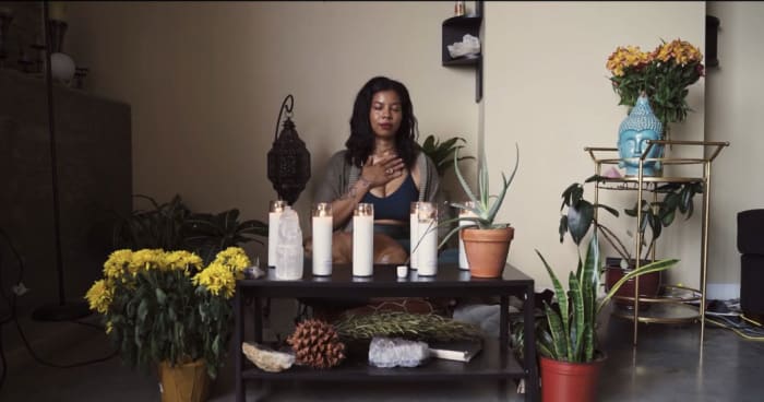 Live Be Yoga Ambassador Monica Cadena at her home "meditation station."