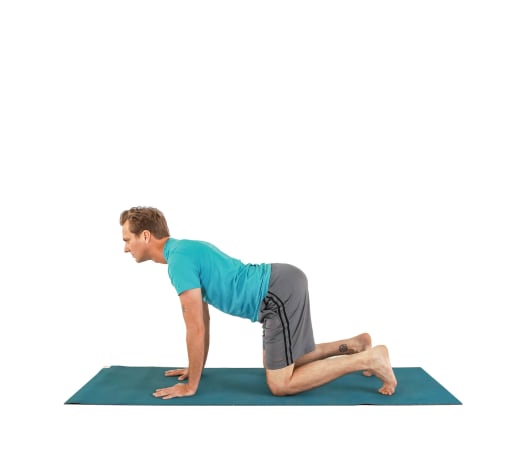 From Tabletop, exhale, and round your spine toward the ceiling. Gaze between your thighs and gently tuck your chin in toward your chest. Inhale, and dip your belly down and reach up toward the ceiling with your head and chest. Repeat 5 times.see also Learn About Your Core And How to Strengthen Those Muscles