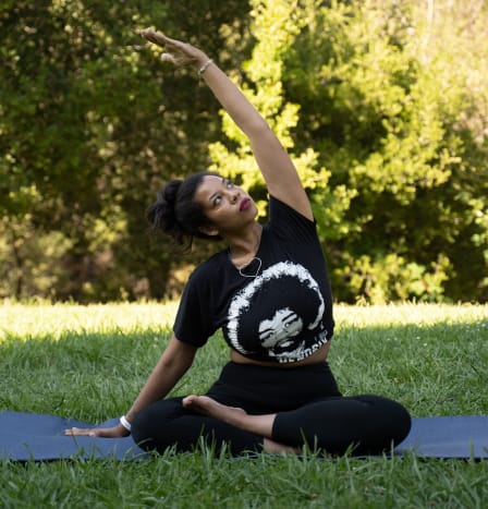 Sit in easy pose and take a moment to root down in your sit bones.Take the left arm out to the side. Walk your fingers away and bring weight into it.Begin to open the right side of the body with a deep inhale and exhale.Breathe in and lift the right arm up towards the sky, reaching out of the side body, through the arm and exhale as it goes over the head, being sure to be stable in your seat.Breath deep for 30 seconds.Switch sides and repeat.