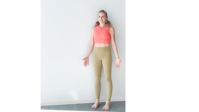 Start with your feet hips-width distance apart. Engage your legs and lift your heart. See also Mountain Pose